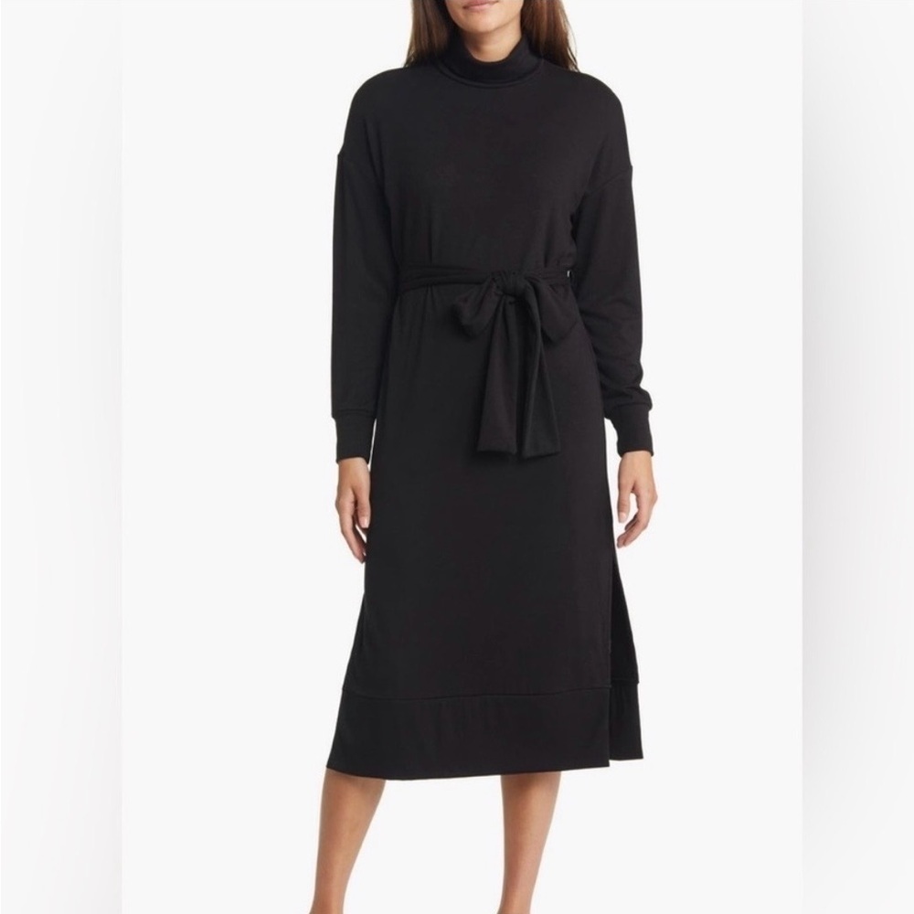 NWT Caslon Tie Wasit Long Sleeve Turtleneck Midi Black Dress Size XS Side Slit